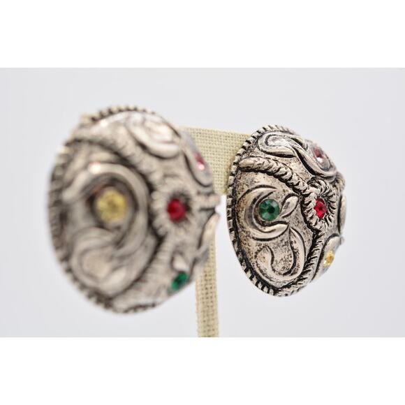 Vintage Chunky Clip On Earrings Crystal Antiqued Round Mod Dep Signed 1980s A21 - Picture 5 of 12